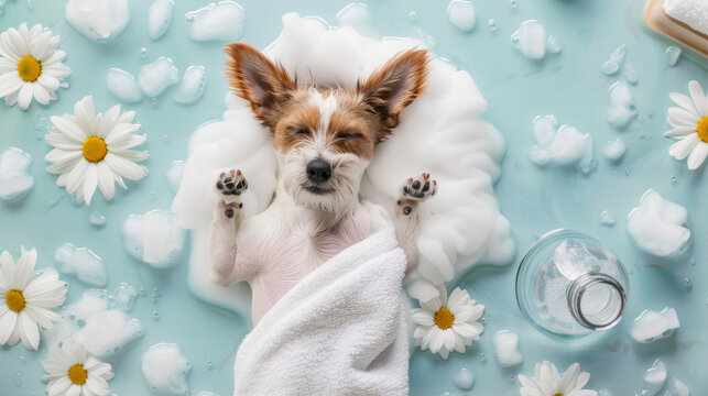 A 3D cute dog lies in the spa hot sping water with white towel surrounded by white flowers and light bubbles happily with joyful cute expression background