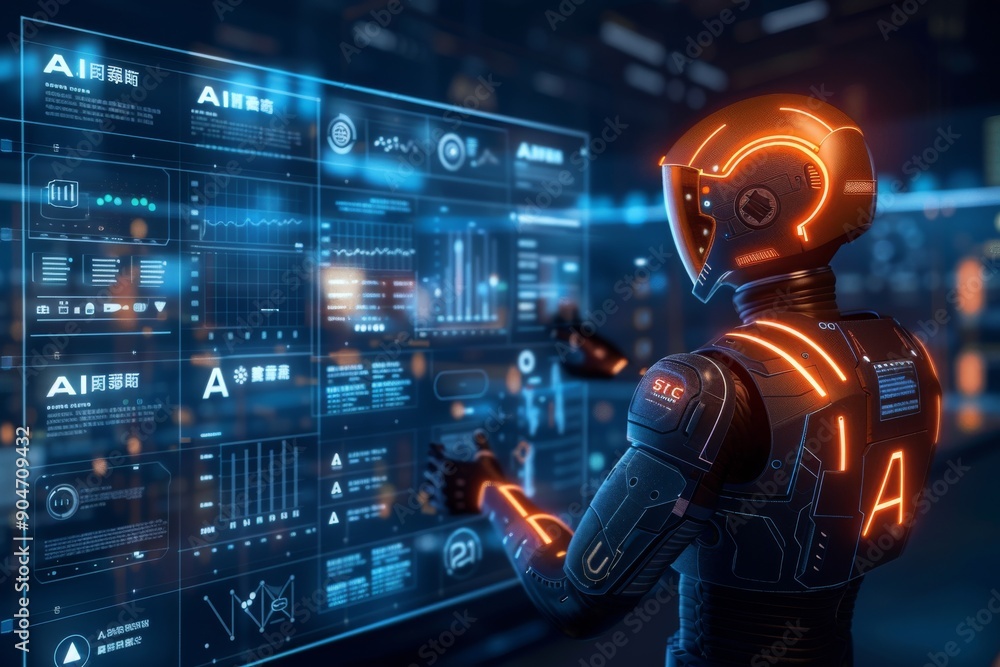 Poster data analyst robot in virtual reality environment