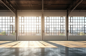 Sunlit Industrial Loft Interior with Large Windows