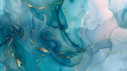 teal turquoise blue violet marble effect luxury abstract brush golden glitter lines watercolor background design.generative ai