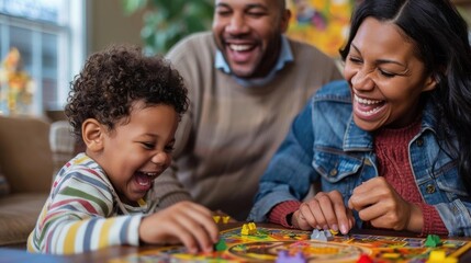 Fototapeta premium A joyful family game night, showcasing laughter and bonding between parents and child while playing together.