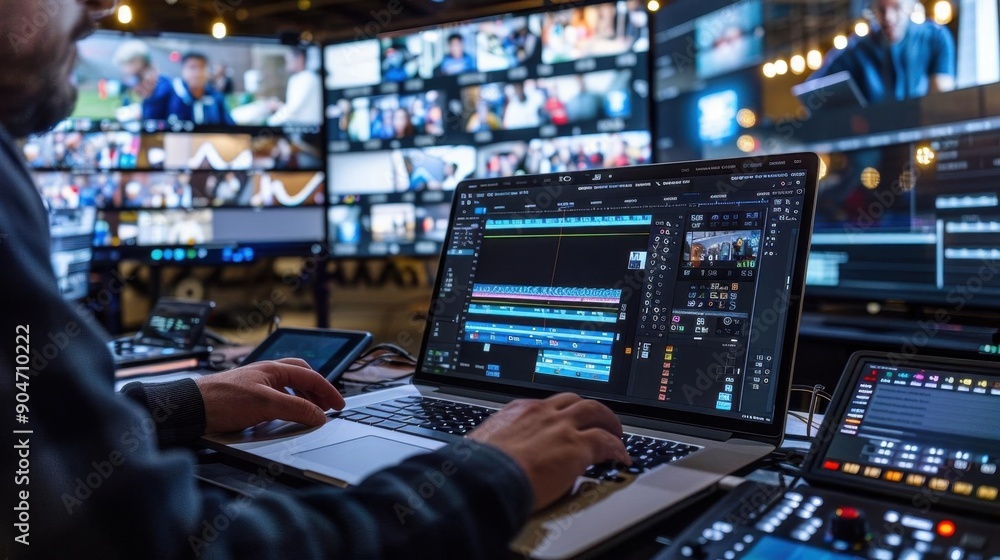 Fototapete a media professional edits video content using advanced software in a modern broadcast studio enviro