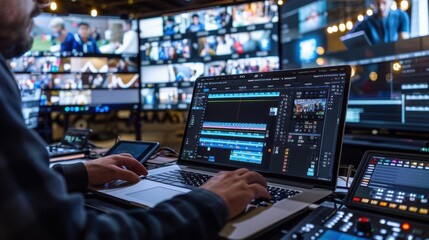 A media professional edits video content using advanced software in a modern broadcast studio environment.