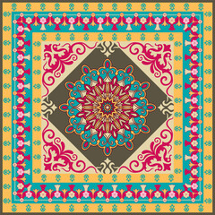 Intricate Mandala Tapestry vibrant and intricate mandala pattern adorns a square tapestry, showcasing a captivating mix of colors and intricate details.  The mandala's central motif is surrounded 