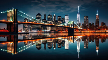 Illuminated City Skyline with Bridge at Night