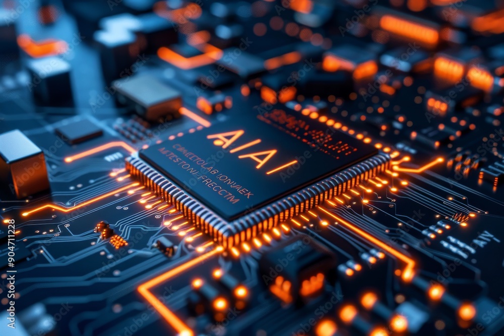 Poster neural network ai chips on illuminated circuit board