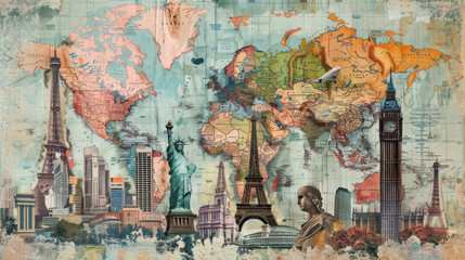 Fototapeta premium Vibrant collage of famous landmarks from around the world, set against a vintage travel map background