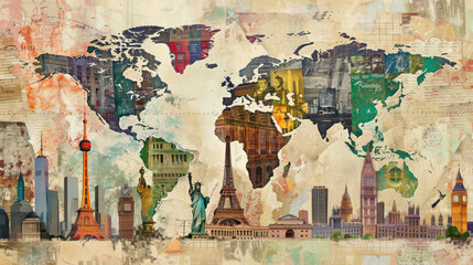 Vibrant collage of famous landmarks from around the world, set against a vintage travel map background