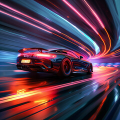 Neon glowing sports car driving on road at night, cyberpunk light trail lines, automotive street race at fast speed through the tunnel, motion blur effect.
