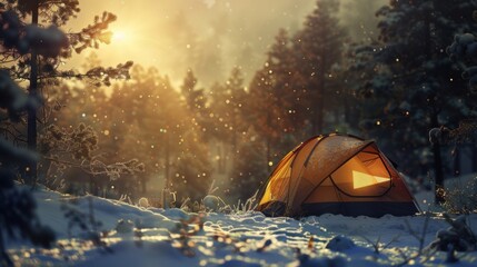 25. Cold Weather Camping, realistic style, bold colors, nature-inspired pattern, wide shot,...