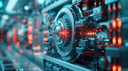 Fototapeta premium Close-up of intricate mechanical components with glowing lights, showcasing advanced technology in a futuristic setting.