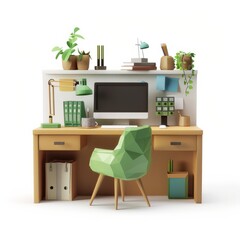 Fototapeta premium 3D Render, Low Poly style of Home Office, on isolated white background, Generative AI