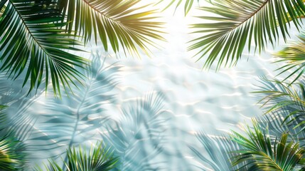 Lush Palm Leaves Framing Clear Blue Water Reflections at Tropical Beach