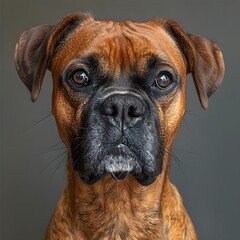 Fototapeta premium Portrait of a brown Boxer dog with expressive eyes against a dark background.