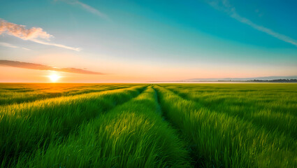 Fototapeta premium Idyllic meadow panorama. Rolling Green Hills at Sunset: Serene Rural Landscape Panorama Perfect for Business, Greeting Cards, Poster, Flyer, Banner, Background, Wallpaper, Advertising, Promotion