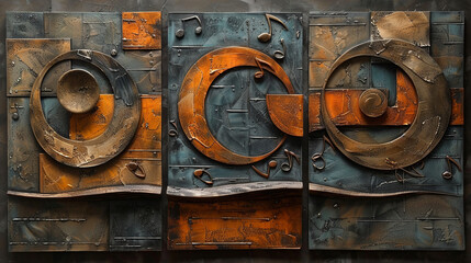 Three-Panel Abstract Wall Art Featuring Modern and Industrial Design Elements, with Colors Orange, Blue, and Gray, Including Spirals, Musical Notes, and Abstract Shapes
