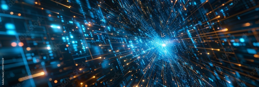 Poster futureoriented cyber data bursts, illuminated by blue and orange lights, create a modern display