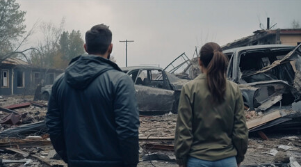 A man and a woman against the background of a destroyed city after a tornado, created with Generative AI technology.