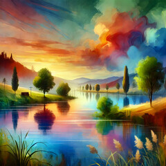 Fototapeta premium Dreamscape at Sunset: A vibrant, surreal painting captures the essence of tranquility and wonder. The sky bursts with color, reflecting in a placid lake, while silhouetted trees stand sentinel against