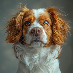 Naklejka premium A close-up of a brown and white dog with expressive eyes and fluffy fur.
