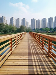 Fototapeta premium Wooden Bridge Leading to Urban Skyline