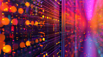 3D computer server rack and engine room in holographic vibrant color neon lights pointilist style with futuristic rainbow colors background
