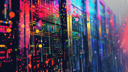 3D computer server rack and engine room in holographic vibrant color neon lights pointilist style with futuristic rainbow colors background