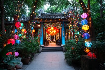 7. A historic monument or landmark adorned with festive lights and decorations for a national holiday