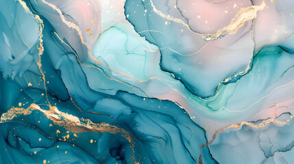 teal turquoise blue violet marble effect luxury abstract brush golden glitter lines watercolor background design.generative ai