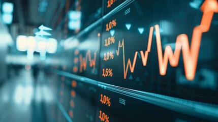 Energetic trading floor scene, digital boards displaying various economic indicators with arrows pointing up and down, traders reacting swiftly