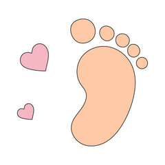 Beige baby step footprint vector isolated on transparent background with pink hearts. Children's footprint of barefoot person. Human foot.