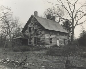Obraz premium A vintage black and white photo of an aged, weathered house surrounded by nature, showcasing rustic architecture and charm.