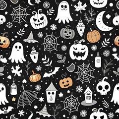 Naklejka premium Halloween doodle seamless pattern with pumpkins, ghosts, spider webs, bats, mushrooms, candles, bottles, and magic books. Hand-drawn vector endless background. 