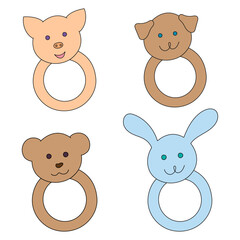 Children's toys – ringswith cute bunny, pig, puppy, bear. Vector illustration on transparent background. Baby items doodle. Baby items vector sketch for web design.