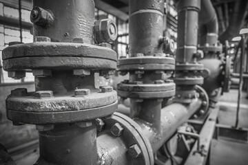 Fototapeta premium Close-up of industrial pipes and valves showcasing texture and detail in a black and white environment.