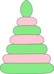 Сhildren's toy – pyramid of green and pink plastic rings. PNG illustration on transparent background. Baby items doodle. Baby items vector sketch for web design.