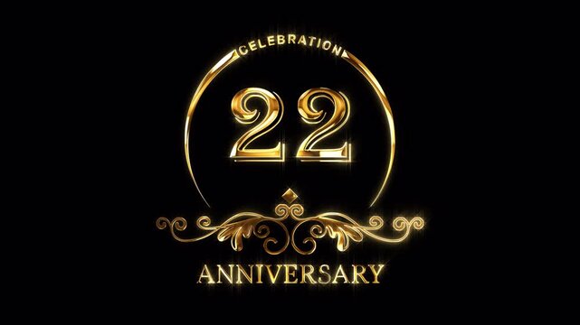 22nd Anniversary Celebration. Happy 22 Years Anniversary Animation in Gold Color on the Transparent Background, Alpha Channel. Great for greetings, celebrations, events, and gifts.
