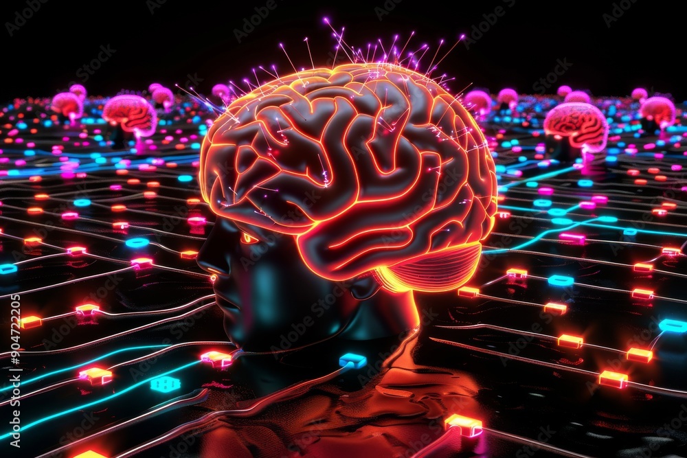 Poster neural network brain interface with vibrant electric impulses, illustrating the power of ai learning