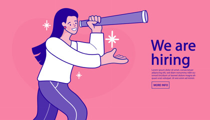 A woman from a company uses a telescope to search for new employees. This creative vector illustration represents a We are hiring announcement, the search for talent, a proactive recruitment strategy.