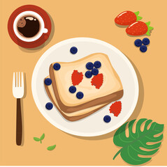 Hand drawn vector illustration of a French toast with rasphberry and blueberry 