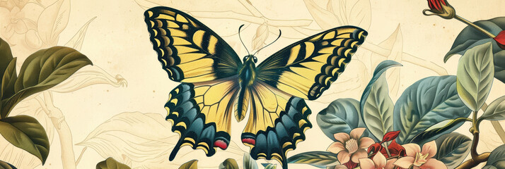 Vintage botanical illustration, butterfly. AI generative.