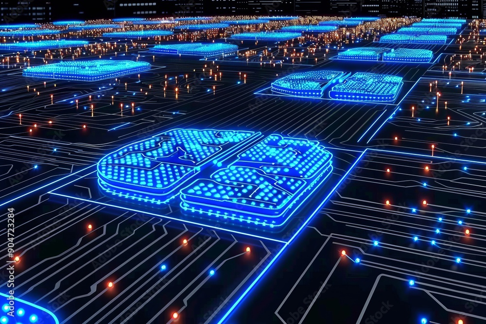 Poster advanced ai infrastructure in a futuristic cityscape, demonstrating the scale of modern technology.