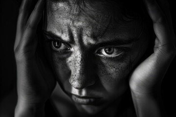 Fototapeta premium striking black white portrait person showing intense emotion struggle. powerful depiction human vulnerability.
