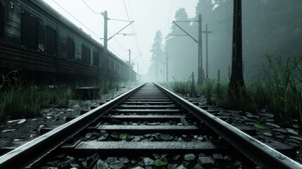 Obraz premium Abandoned railway station engulfed in darkness, with rusty, old trains and overgrown tracks, surrounded by an eerie mist, perfect for Halloween ambiance