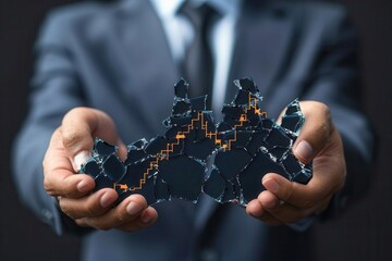 Entrepreneur holding a shattered growth graph, representing failure to expand, photorealistic, business broken down
