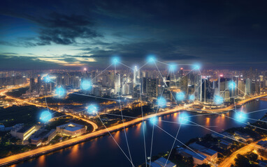 Fototapeta premium Smart City Skyline With Connected Network Nodes