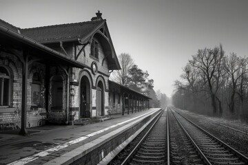 Obraz premium A vintage train station in black and white, capturing a nostalgic atmosphere with empty tracks and a foggy background.