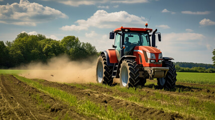 Agricultural Power: Tractor Plowing Fields Under Sunny Skies