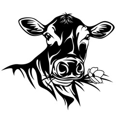 Funny Cow Eating Grass | Farm Animal | Cow Head | Farm | Grass Flower | Floral Cow | Cow With Flowe | Farm Life | Original Illustration | Vector and Clipart | Cutfile and Stencil