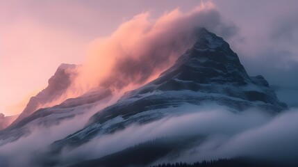 Nature Photograph: Mountain Peak at Dawn Surrounded by Swirling Clouds and a Hint of Morning Mist